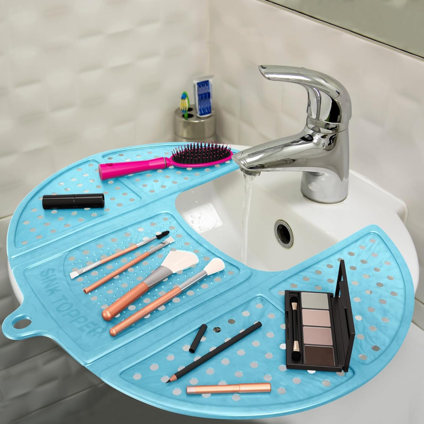 Transform Your Space: Foldable Bathroom Counter Cover & Storage Saver for Hot Tools, Makeup, and Beauty Brush Cleaning - Perfect for RVs and Small Areas (Standard Pacific Blue)